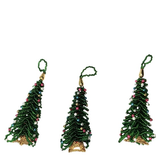 Seed Bead Christmas Tree Ornament 3D 1" x 3" Set Of Three (3) Handmade Ornaments - Picture 1 of 7